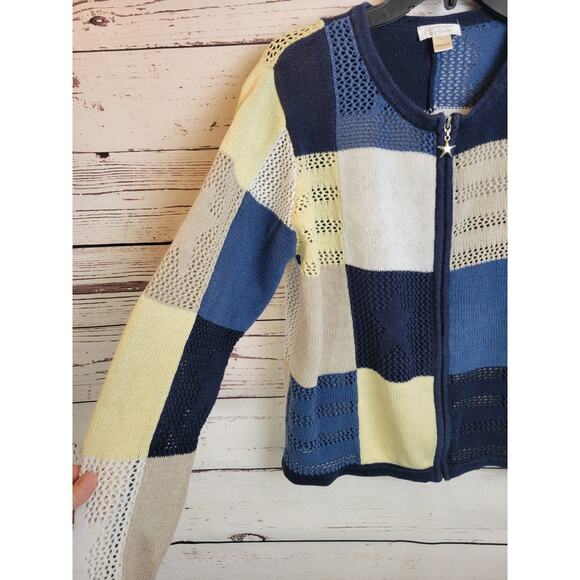 Christopher Banks Y2k Zip Cardigan Sweater Blue Yellow Crochet Colorblock Large - Picture 7 of 10